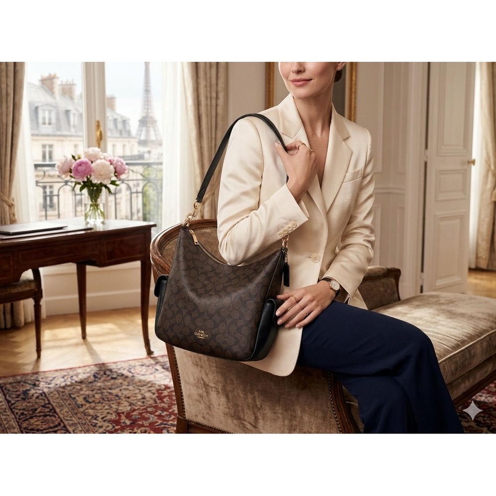 Coach Pennie Shoulder Bag Signature Canvas Brown Black C1522 Crossbody Hobo
